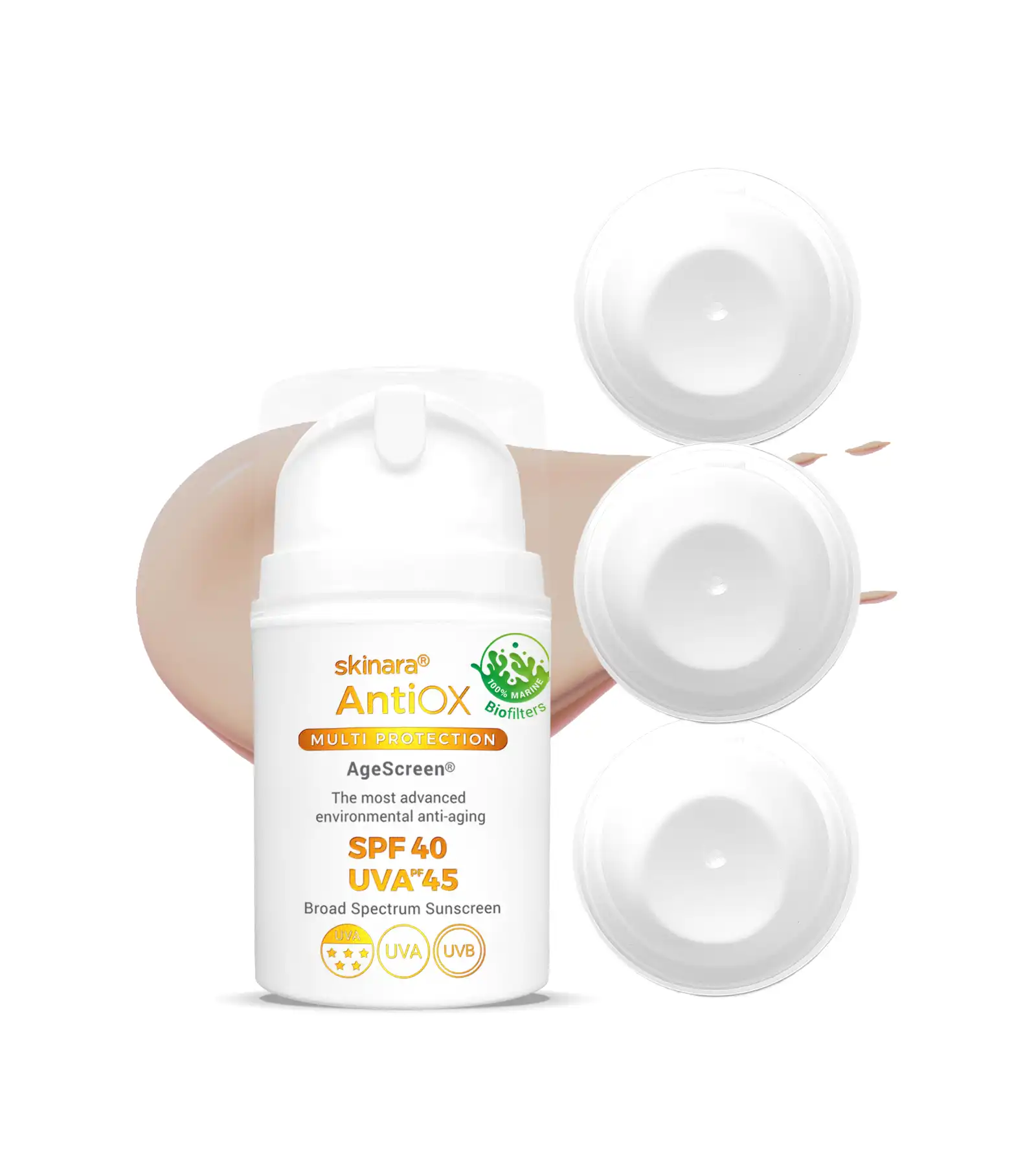 Skinara AgeScreen mocca tinted travel sunscreen 4 bottles on a white background