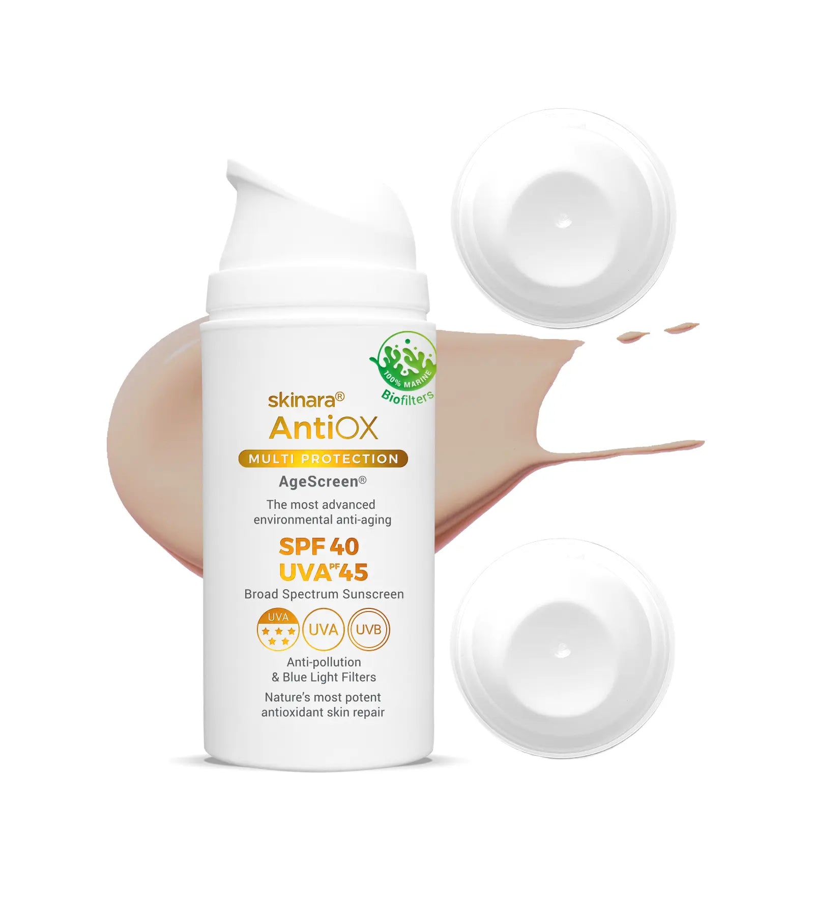 Skinara AgeScreen mocca tinted sunscreen 3 large size bottles on a white background