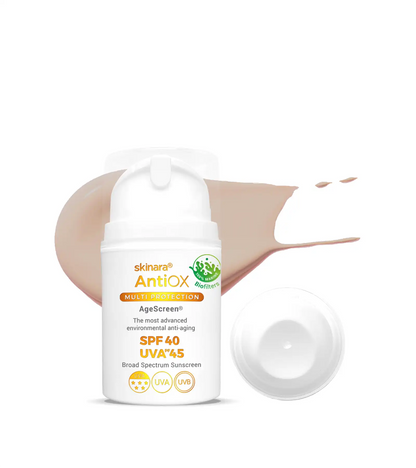 Skinara AgeScreen mocca tinted travel sunscreen 2 bottles with a white background