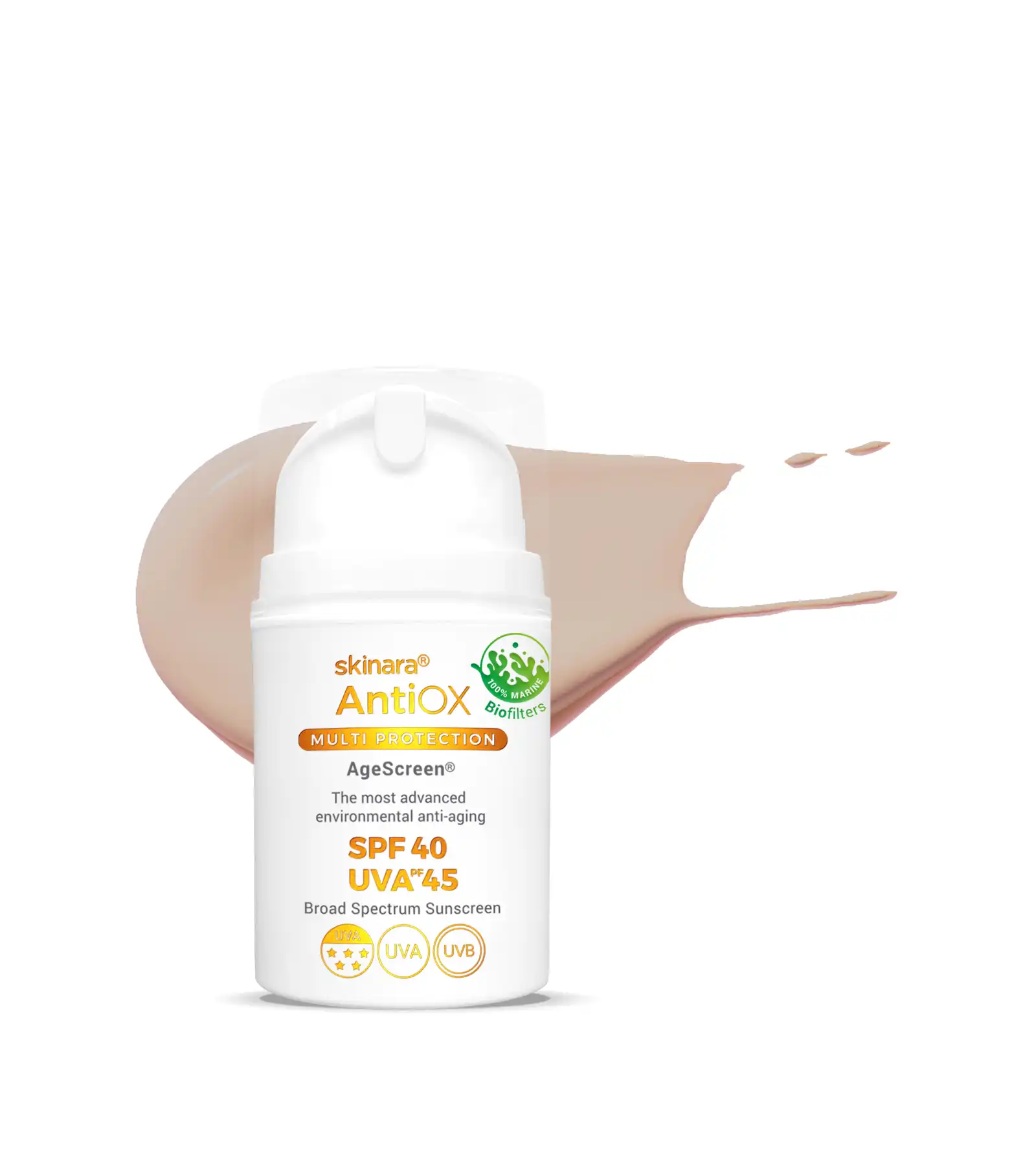 Skinara AgeScreen mocca tinted travel sunscreen bottle with a white background