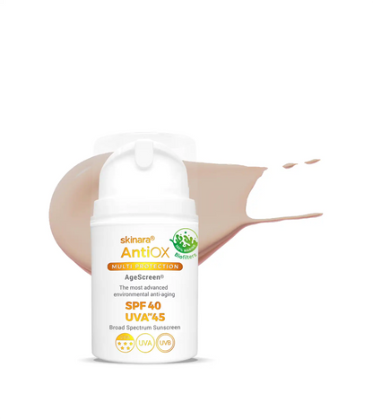 Skinara AgeScreen mocca tinted travel sunscreen bottle with a white background