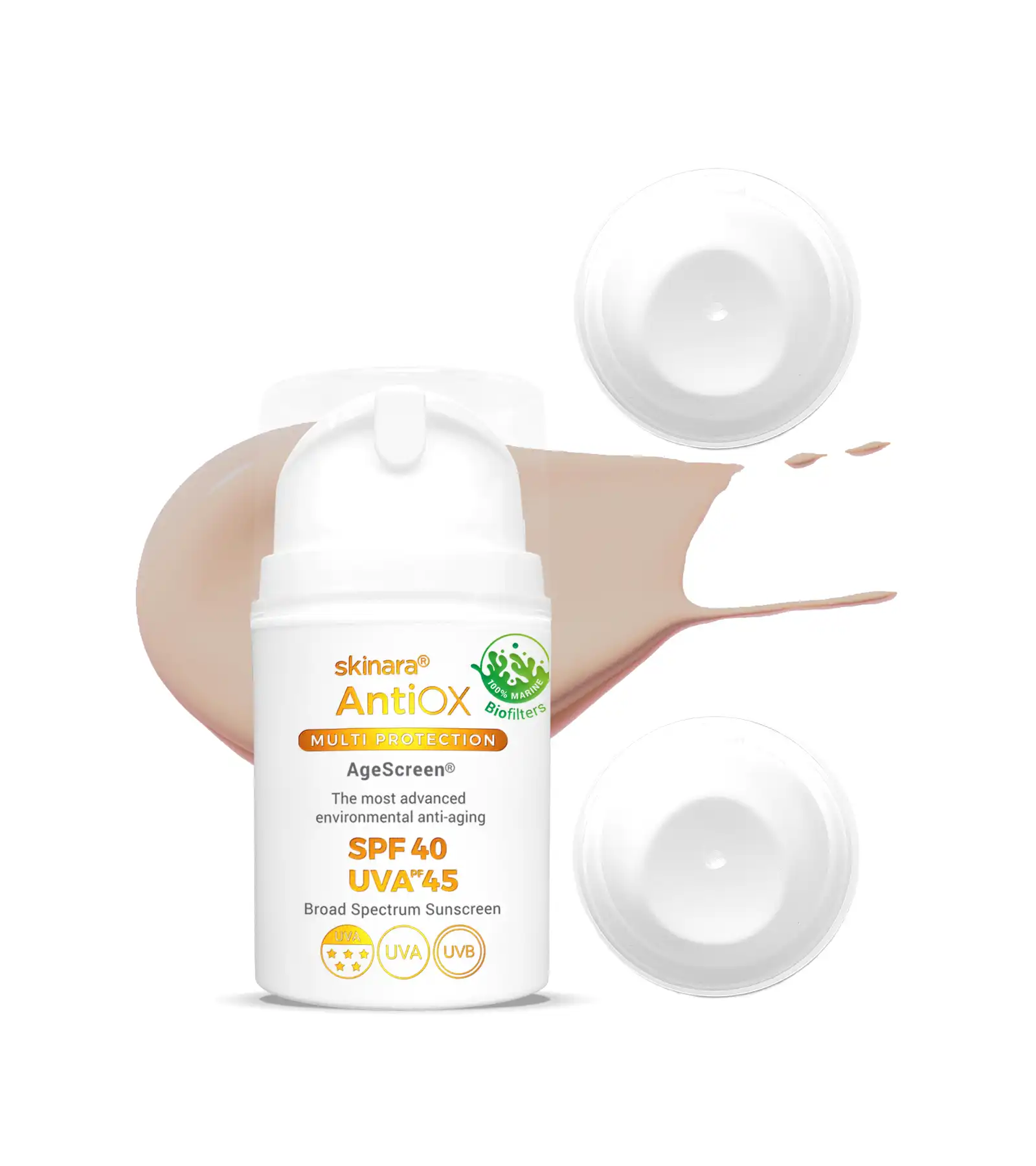 Skinara AgeScreen mocca tinted travel sunscreen 3 bottles on a beige background