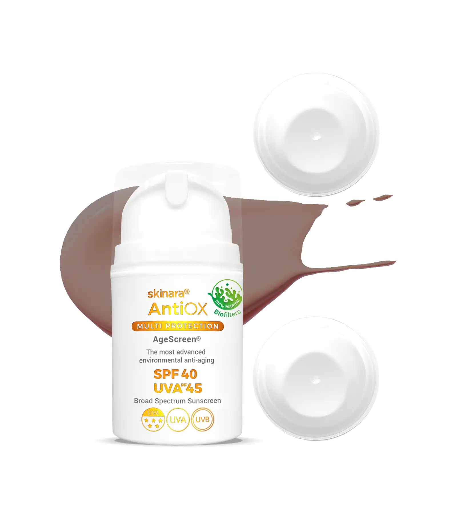 Skinara AgeScreen espresso tinted travel sunscreen 3 bottles with a white background