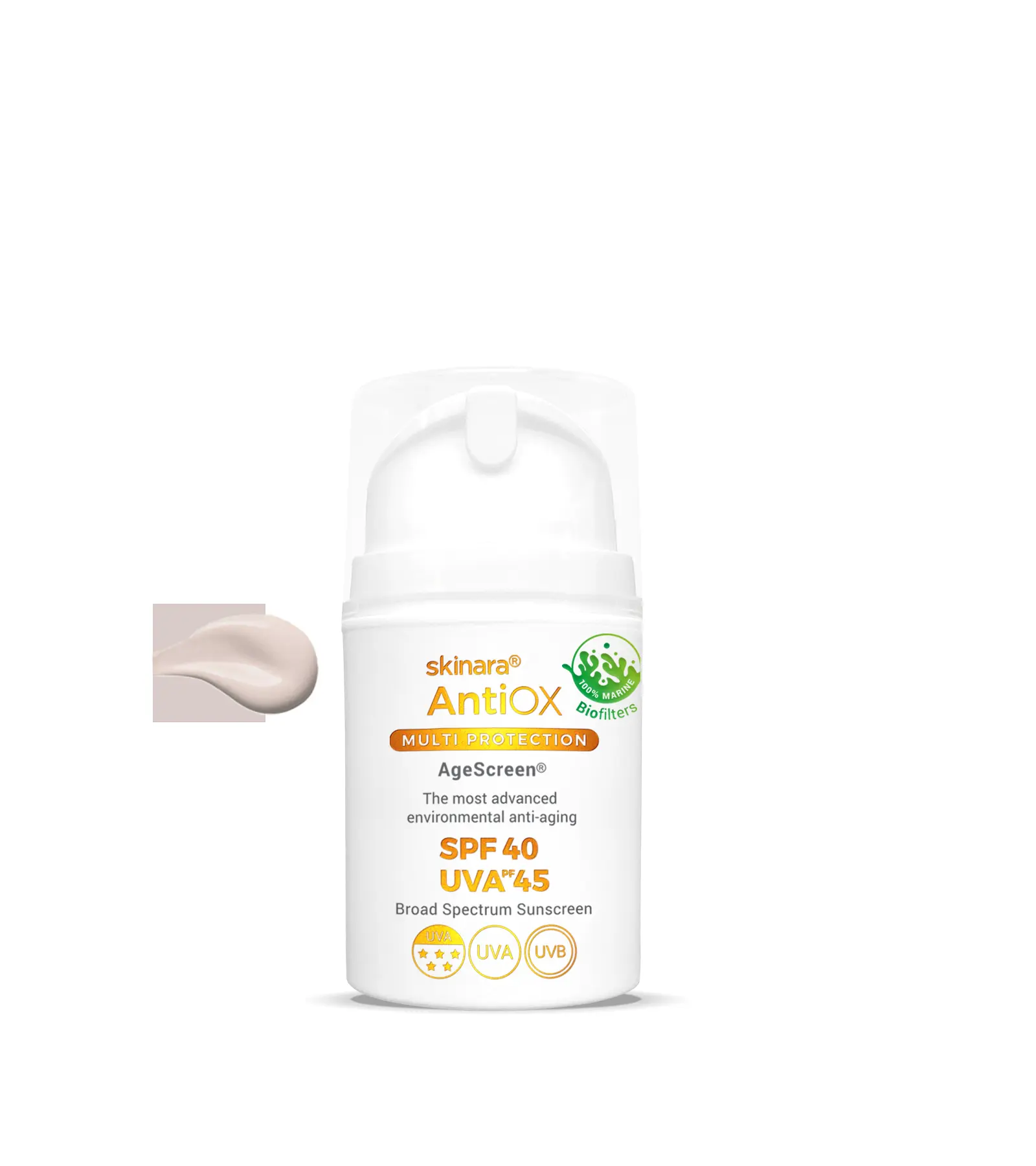 Skinara AgeScreen sunscreen travel bottle honey almond tinted on a white background