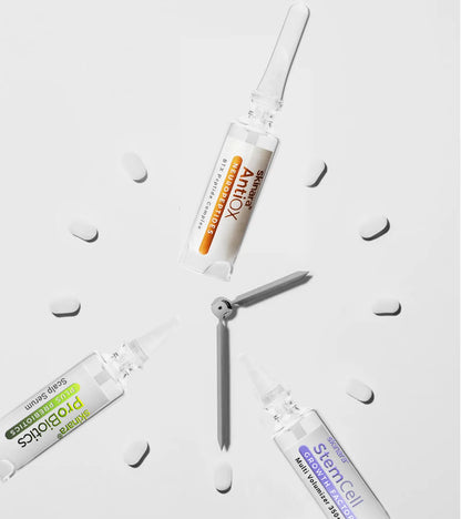 Three Skinara ampoules featuring BTX serum, Growth Factor Serum and Scalp Serum shown as hands on a clock face