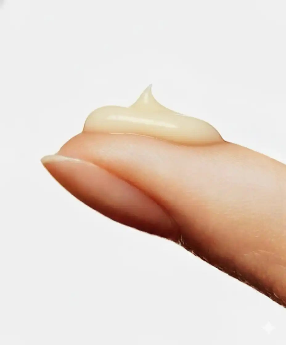 A close-up of a Skinara AgeScreen small dollop of creamy clear sunscreen SPF on the fingertip