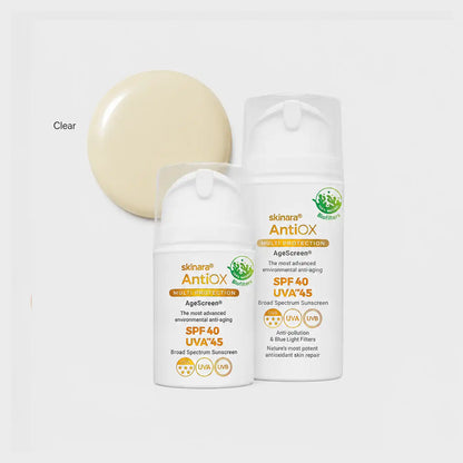 Two sunscreen bottles from skinara AgeScreen SPF 40 UVA*45 with a circular beige swatch labeled 'Clear'