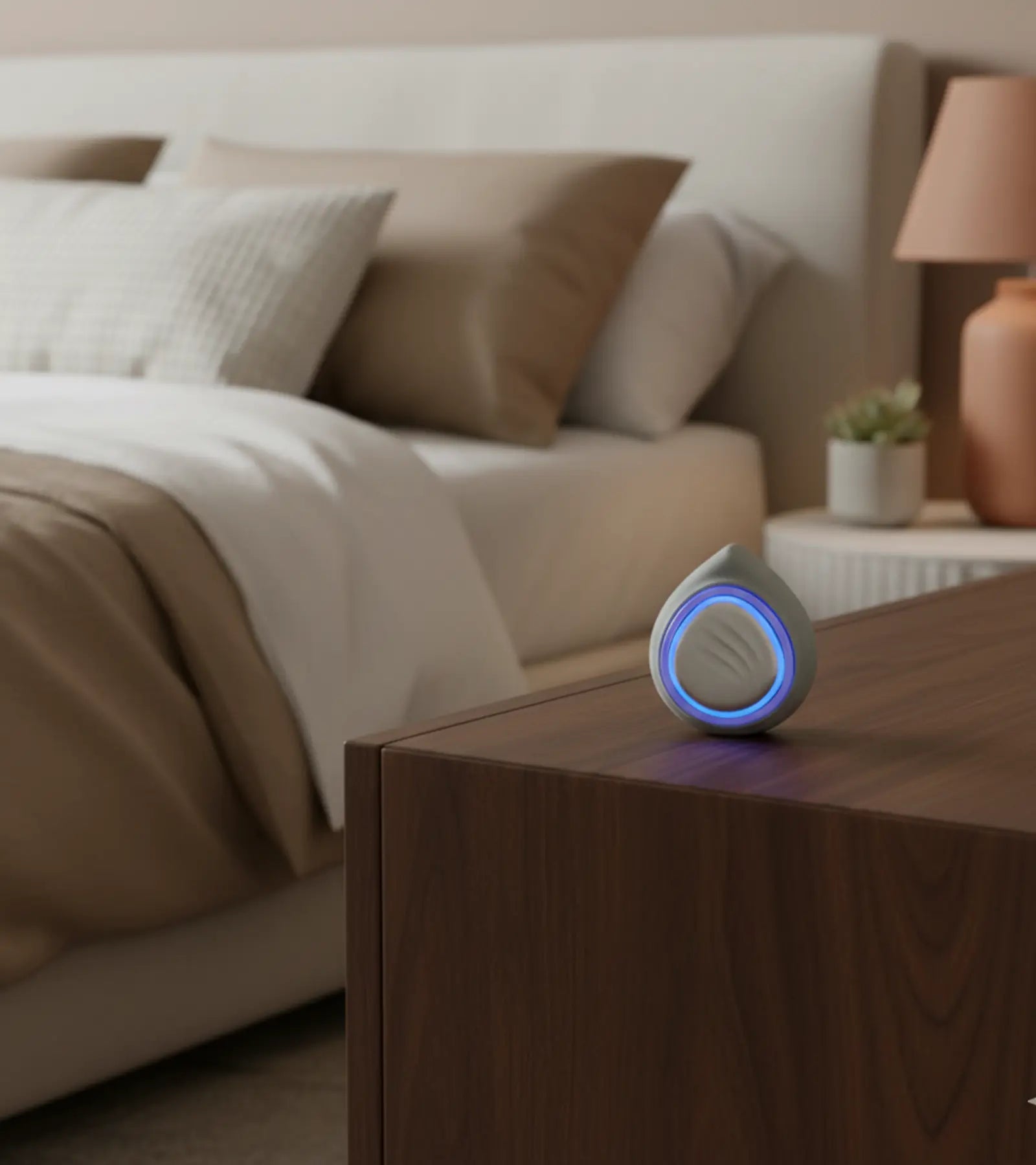 skinara LED light therapy device sitting on bedroom chest of drawers