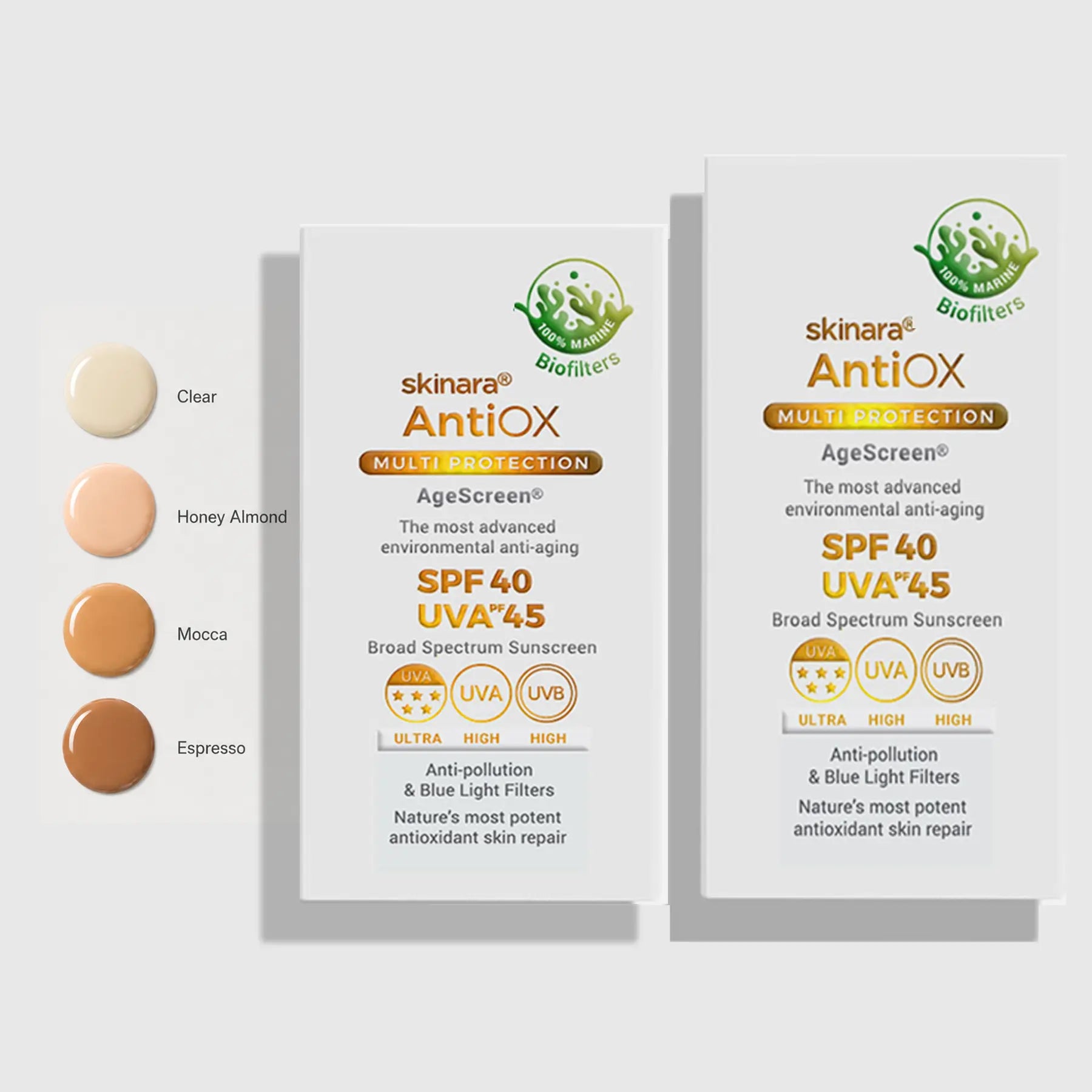 Skinara AgeScreen sunscreen shades: Clear, Honey Almond, Mocca and Espresso in 50 ml and 100 ml beside a colour swatch