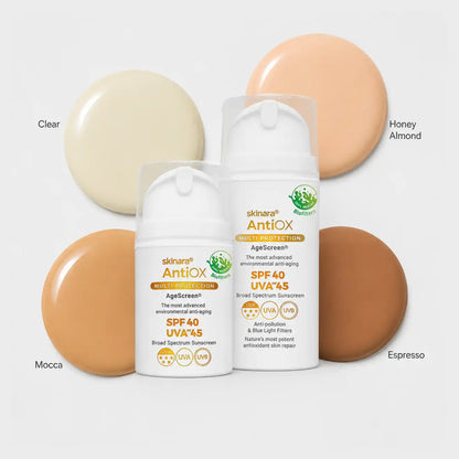 Skinara AgeScreen natural sunscreen cream shades: Clear, Honey Almond, Mocca and Espresso