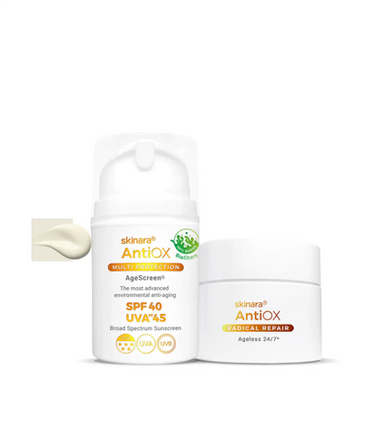 Skinara antioxidant serum jar and travel size clear sunscreen bottle on a white background