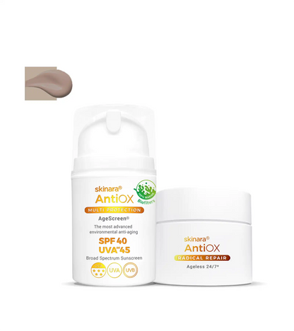 Skinara antioxidant serum jar and AgeScreen espresso tinted travel size sunscreen bottle on a white background