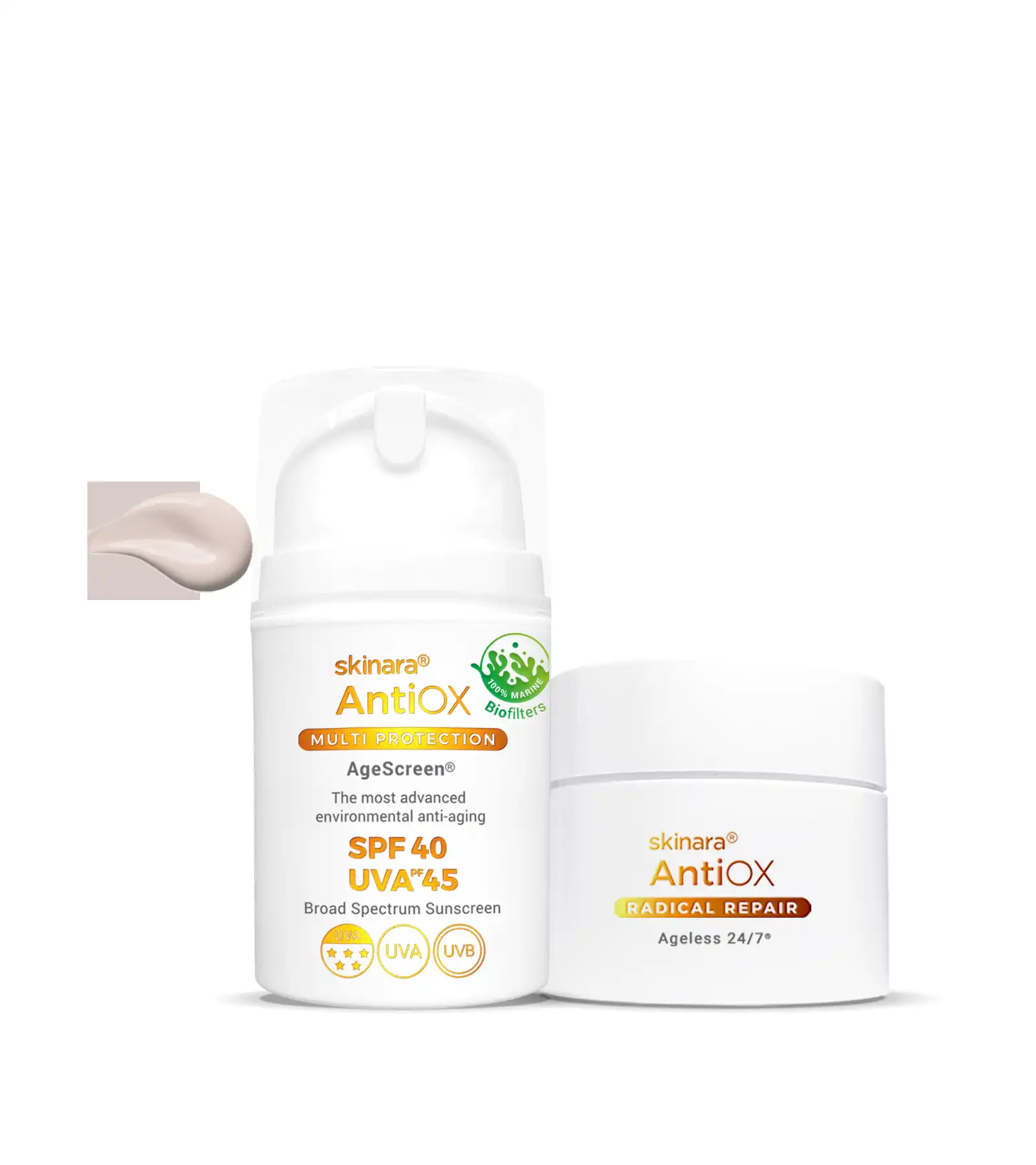 Skinara antioxidant serum jar and honey almond tinted travel size AgeScreen sunscreen bottle on a white background