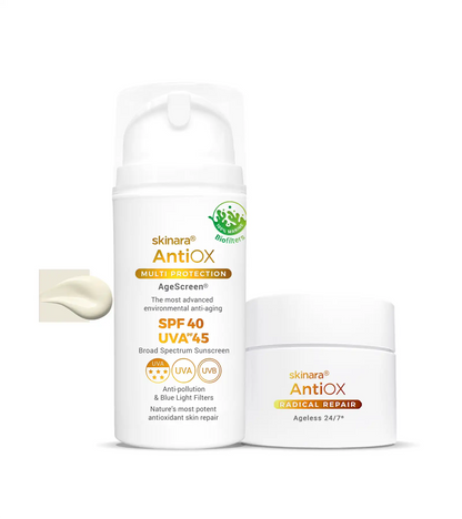 Skinara antioxidant serum jar and large size AgeScreen clear sunscreen bottle on a white background