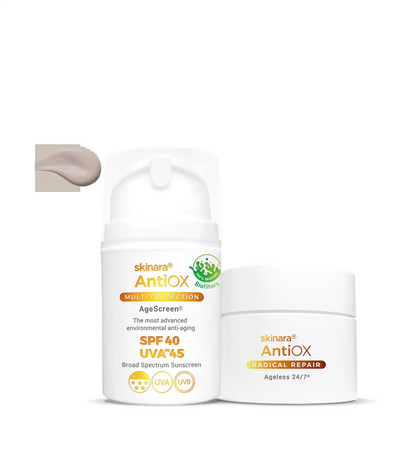 Skinara antioxidant serum jar and AgeScreen mocca tinted travel size sunscreen bottle on a white background