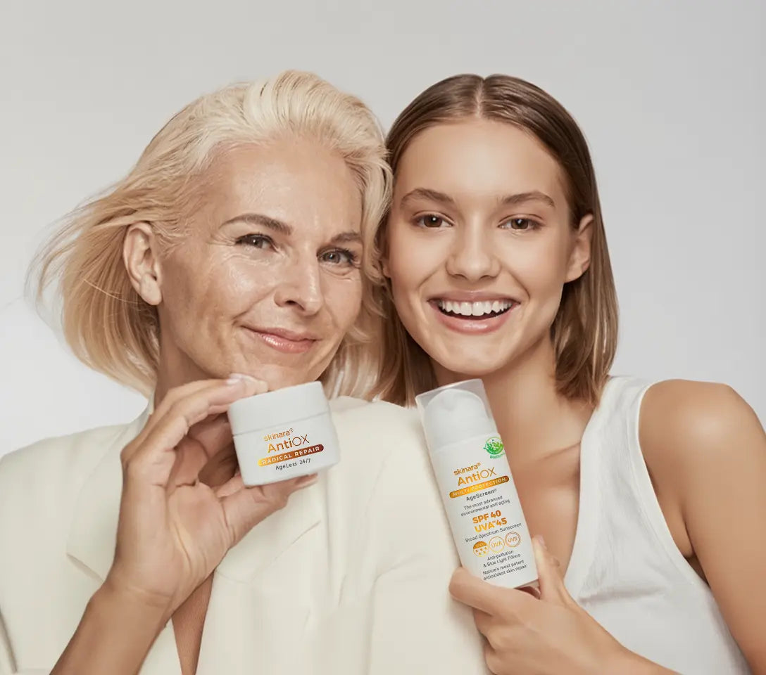 Mother and daughter holding power duo skincare by skinara sunscreen and skin repair cream