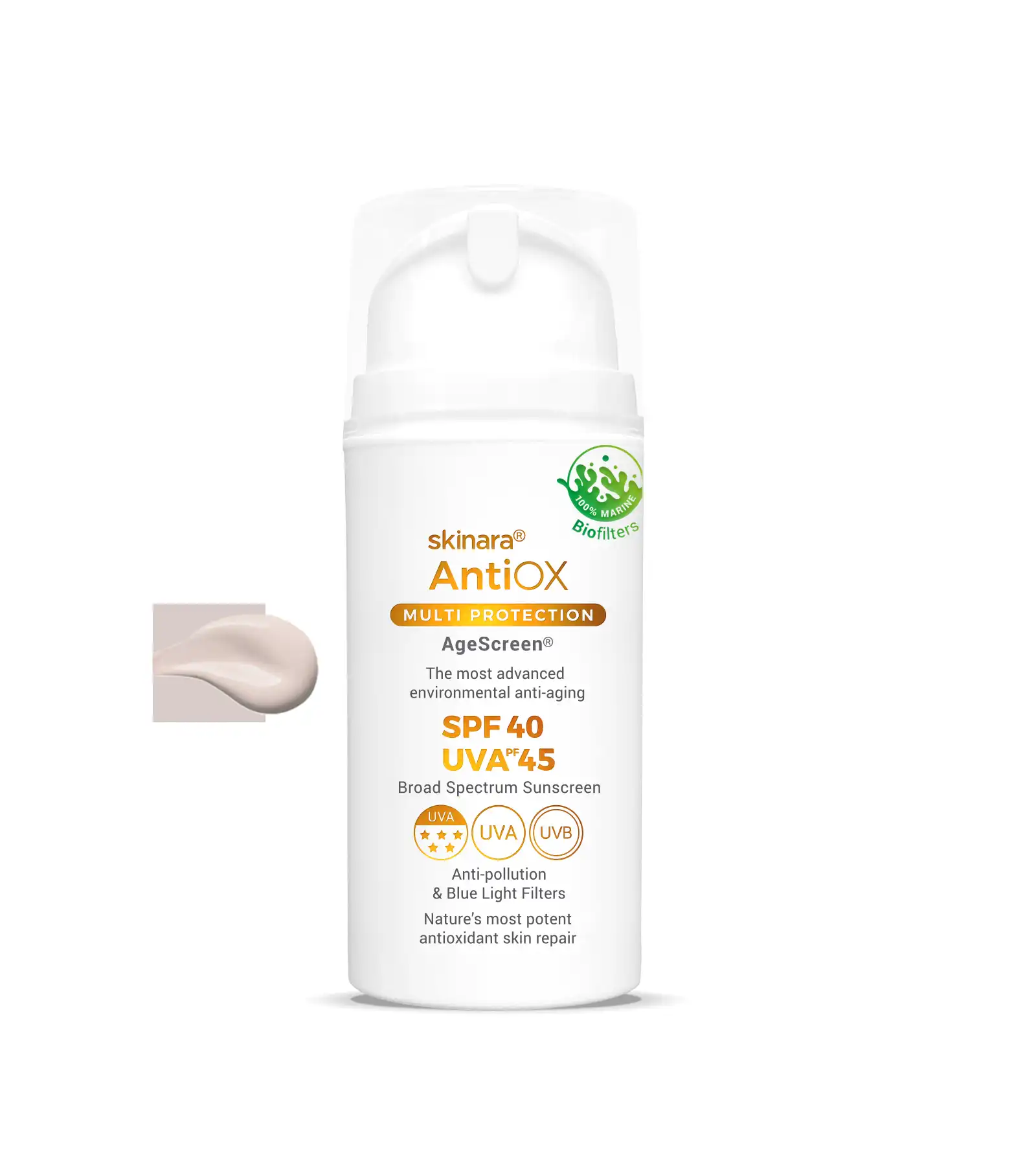 Skinara AgeScreen sunscreen large bottle Almond Honey tint on a white background