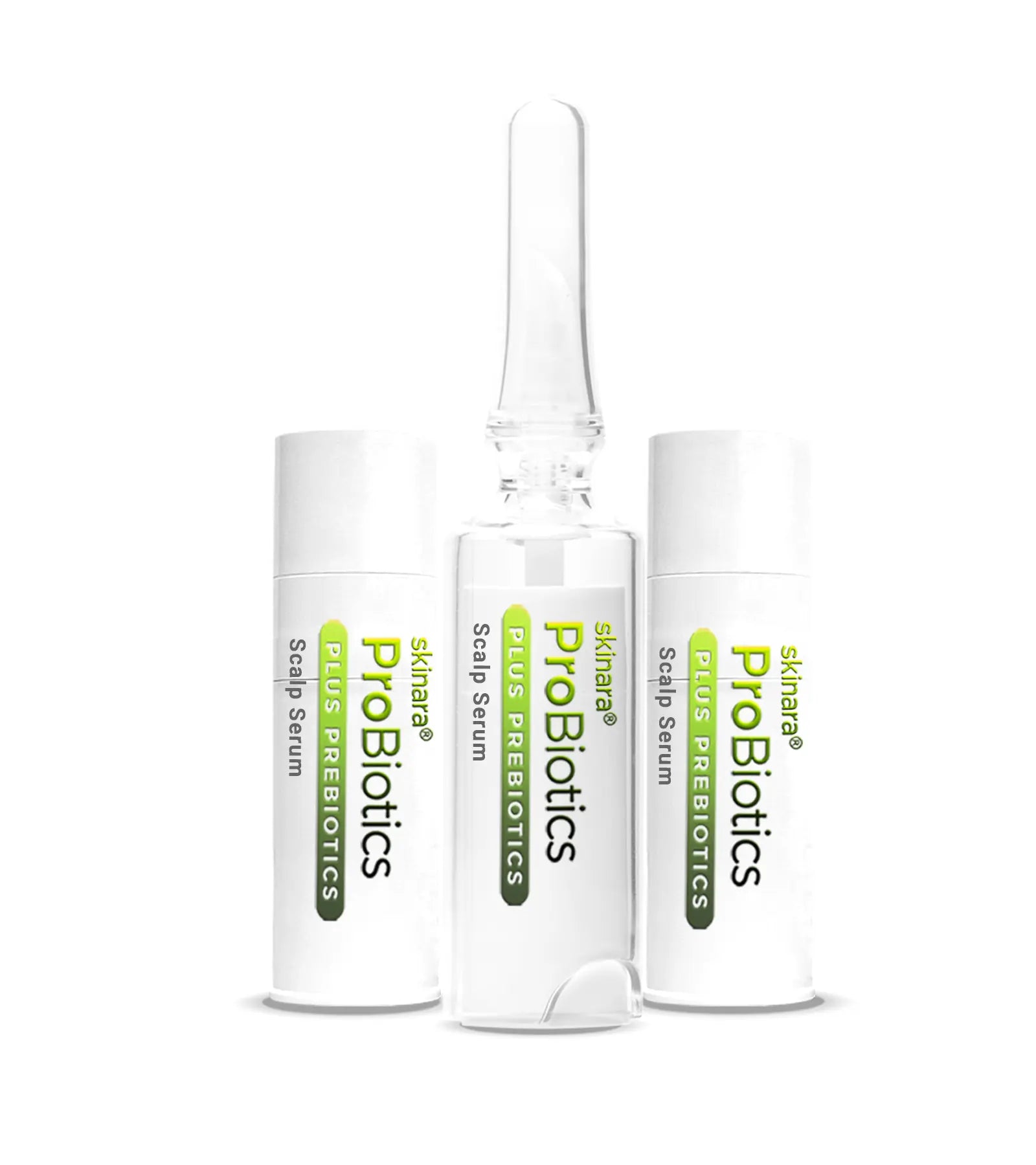 Three Skinara ProBiotics scalp treatment serum ampoules with lid on, on a white background
