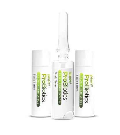 Three Skinara ProBiotics scalp treatment serum ampoules with lid on, on a white background
