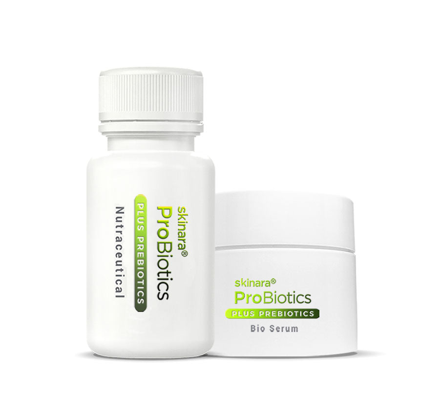 Skinara ProBiotic Bio Serum closed jar and closed Skin Probiotic Supplement bottle against a white background