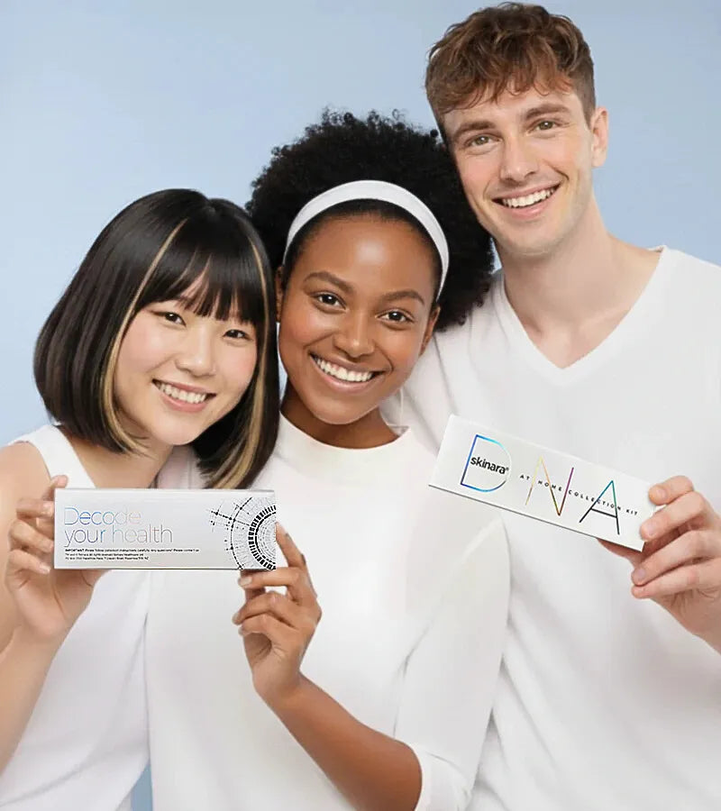 Three gen z people holding two Skinara skin analysis DNA test kits with a plain background