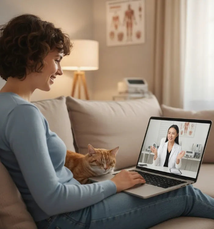 woman on a video call on her laptop with her dermatologist while sitting on a couch with a cat.