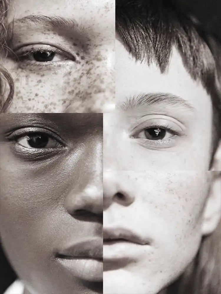 Black and white collage of three different childens faces.