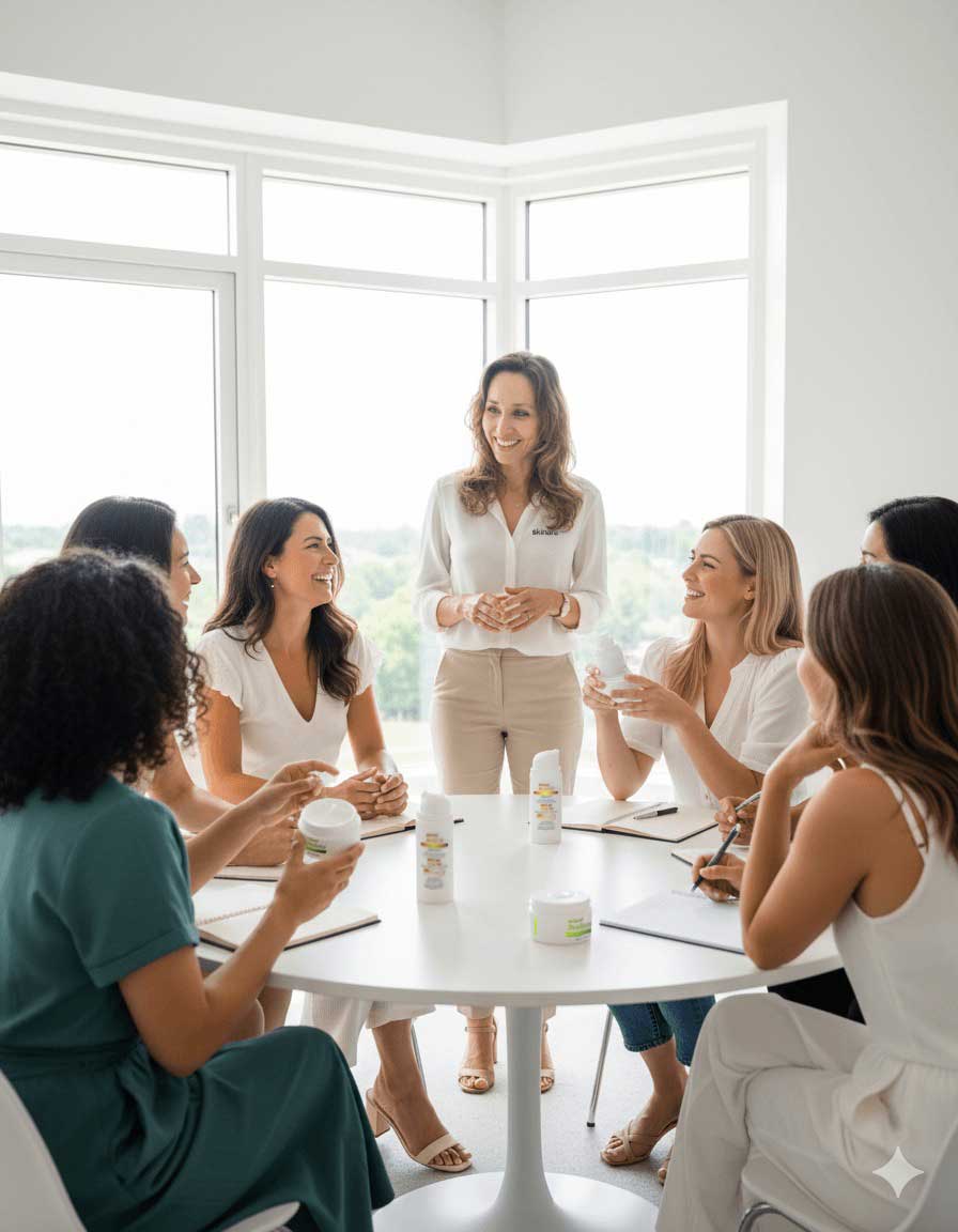 Group of women in a panel discussion meeting around a white table with large windows in Skinara microbiome labs