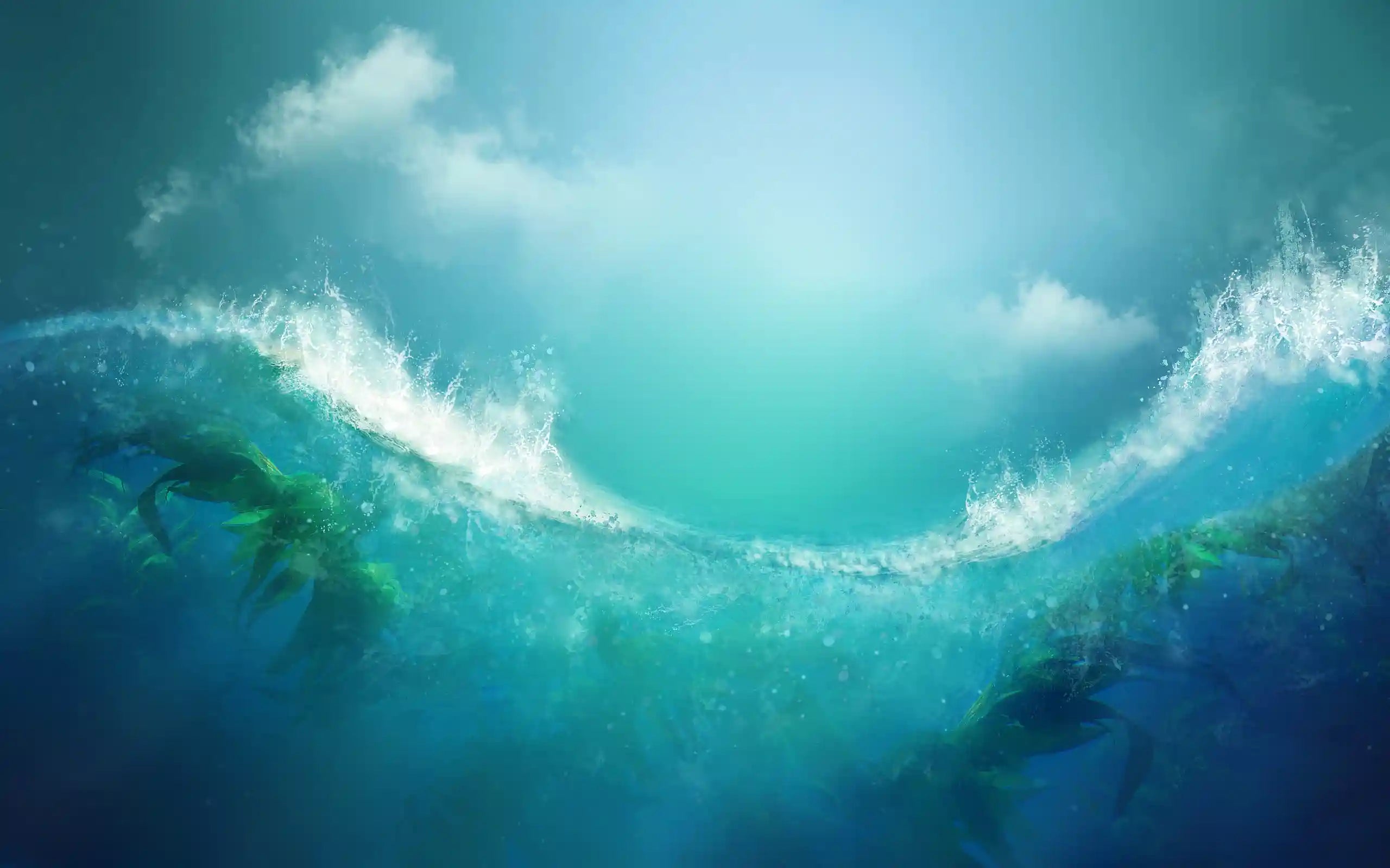 underwater image showing waves and seaweed 