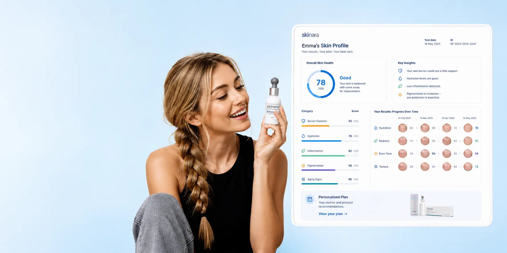 A woman holding a Skinara personalized serum besides a Skin Profile report