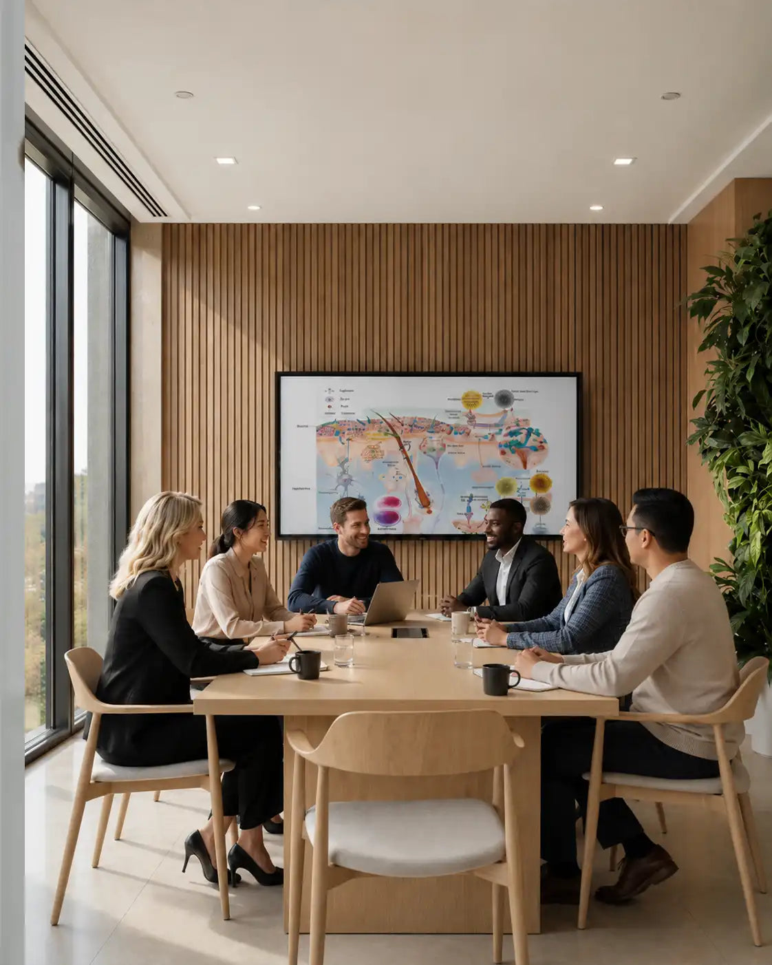 Research Collaboration: A group of six colleagues are seated around a light wood conference table in a modern office meeting room with wood slat walls, looking at a large digital map screen on the wall.