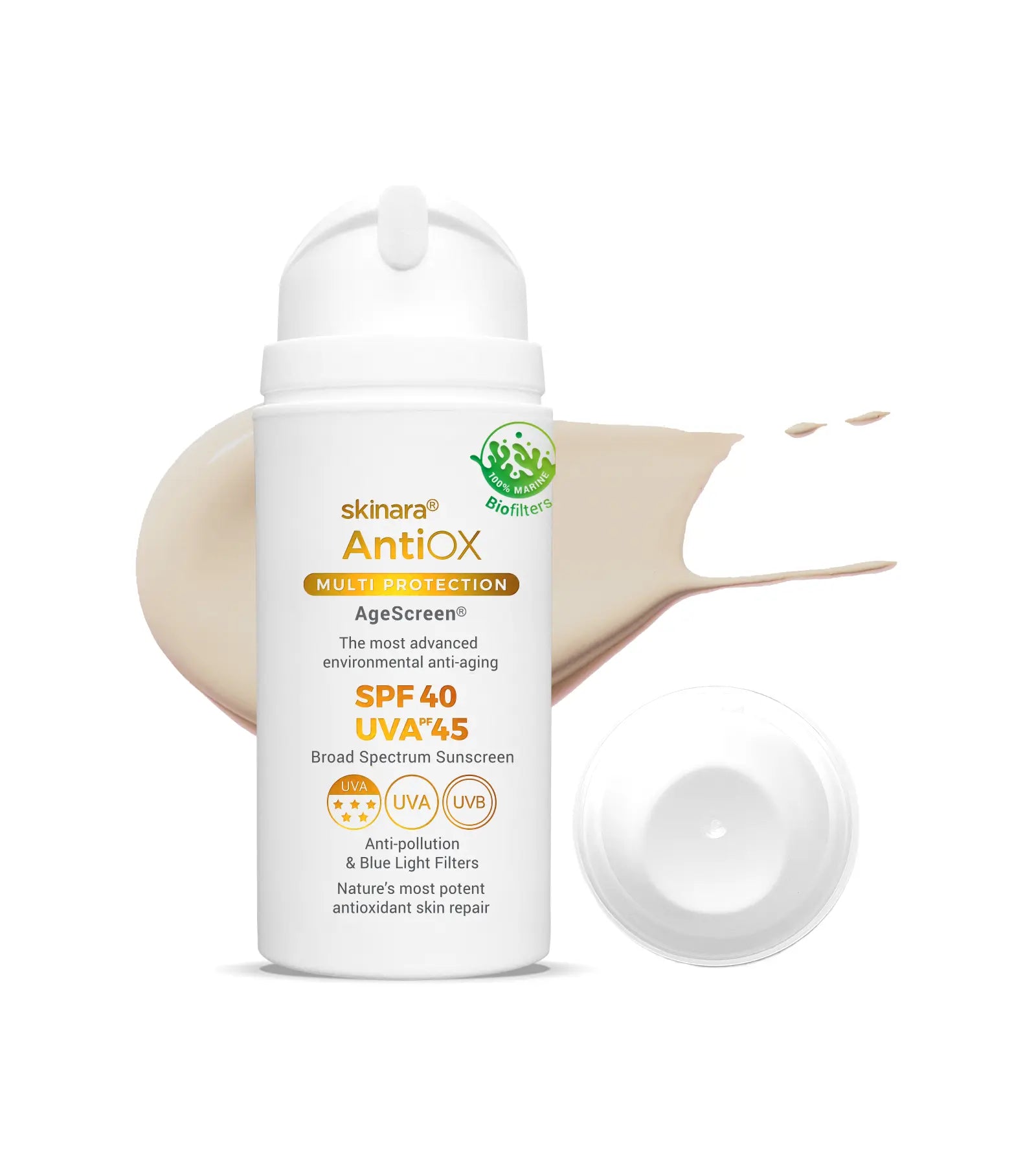 Skinara AntiOX natural sunscreen cream bottle with applicator on a white background