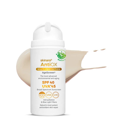 Skinara AntiOX natural sunscreen cream lotion with tinted sunscreen background