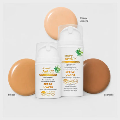 AgeScreen Tinted sunscreen in two sizes with Honey Almond, Mocca and Espresso shade swatches