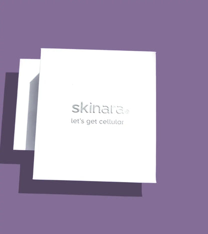 White card gift box with 'skinara' logo and 'let's get cellular' text on a purple background