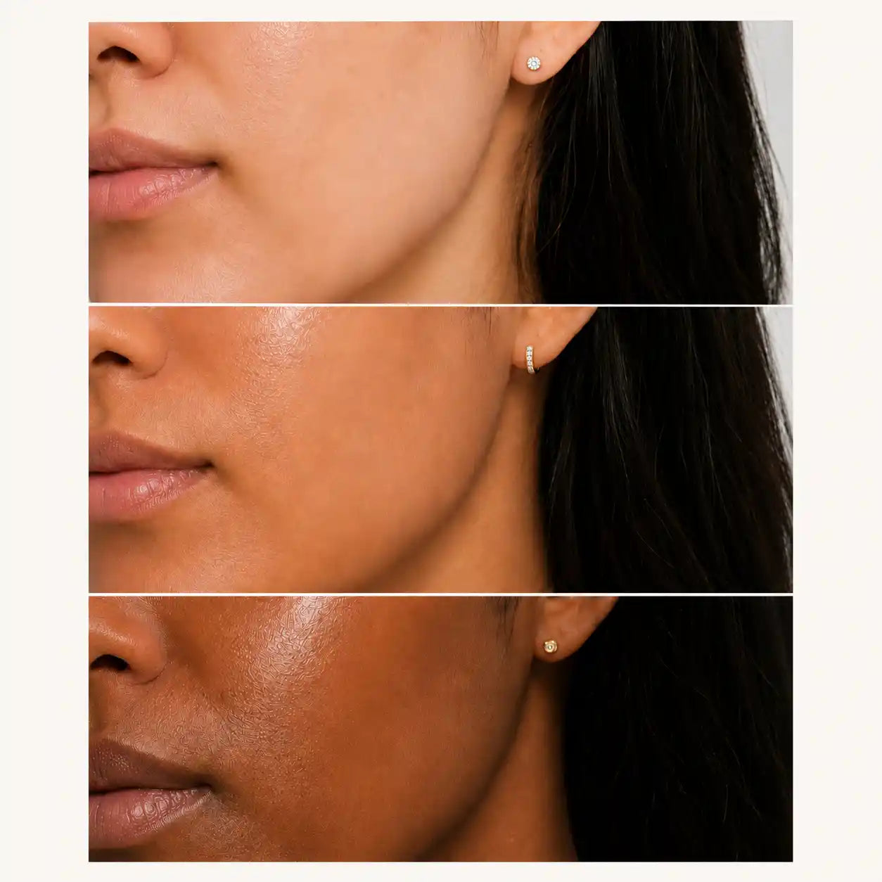 Three skin tones showing blended, invisible sunscreen without white cast