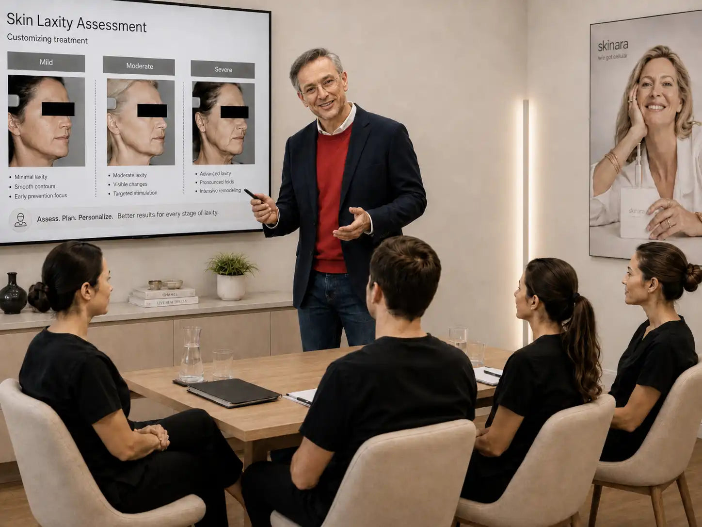 A group of skincare professionals in a modern meeting room, with one man standing and pointing to a screen showing 'Skin Laxity Assessment' diagrams