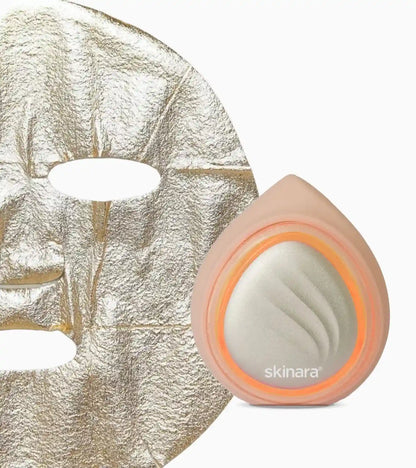 skinara LED light therapy device in front of a silver face mask