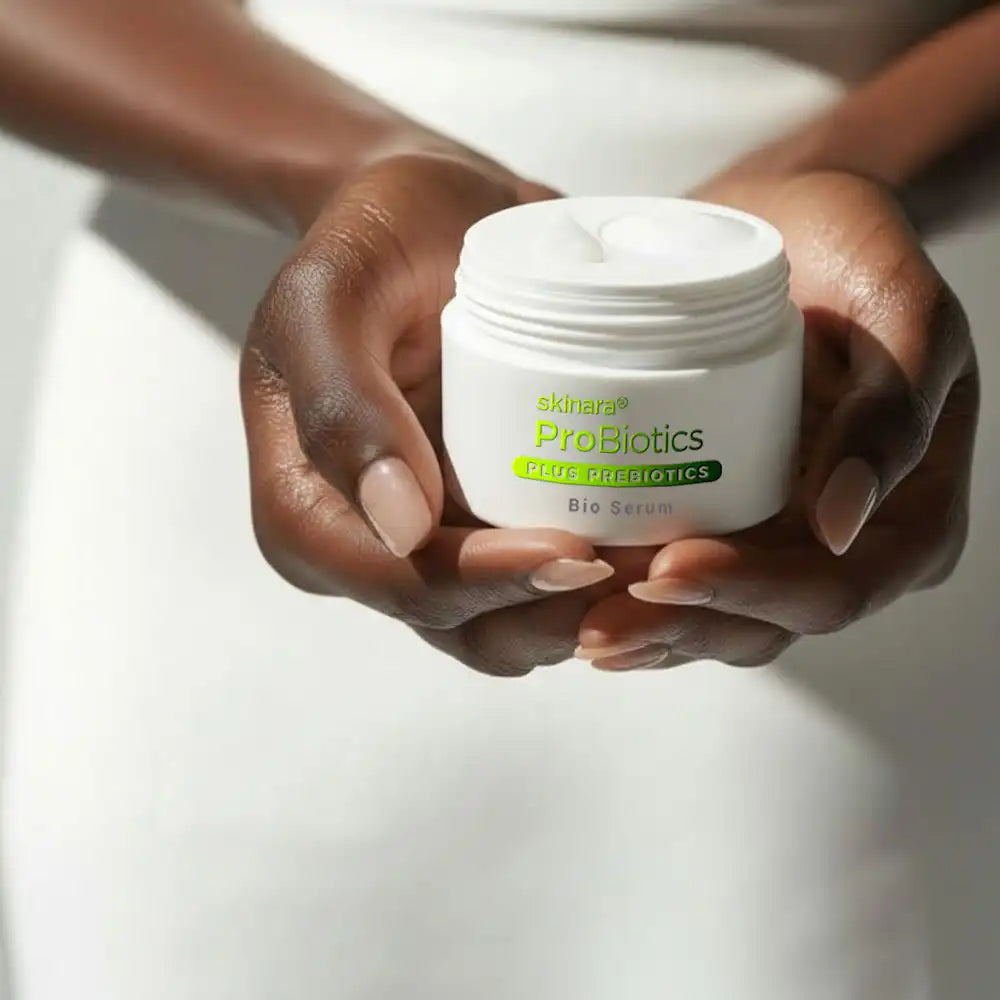 Hands holding a skinara bio serum probiotics jar with a blurred background