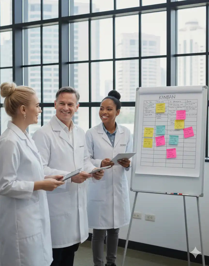 Three people in lab coats standing in front of a whiteboard with colorful sticky notes, in an office setting.
